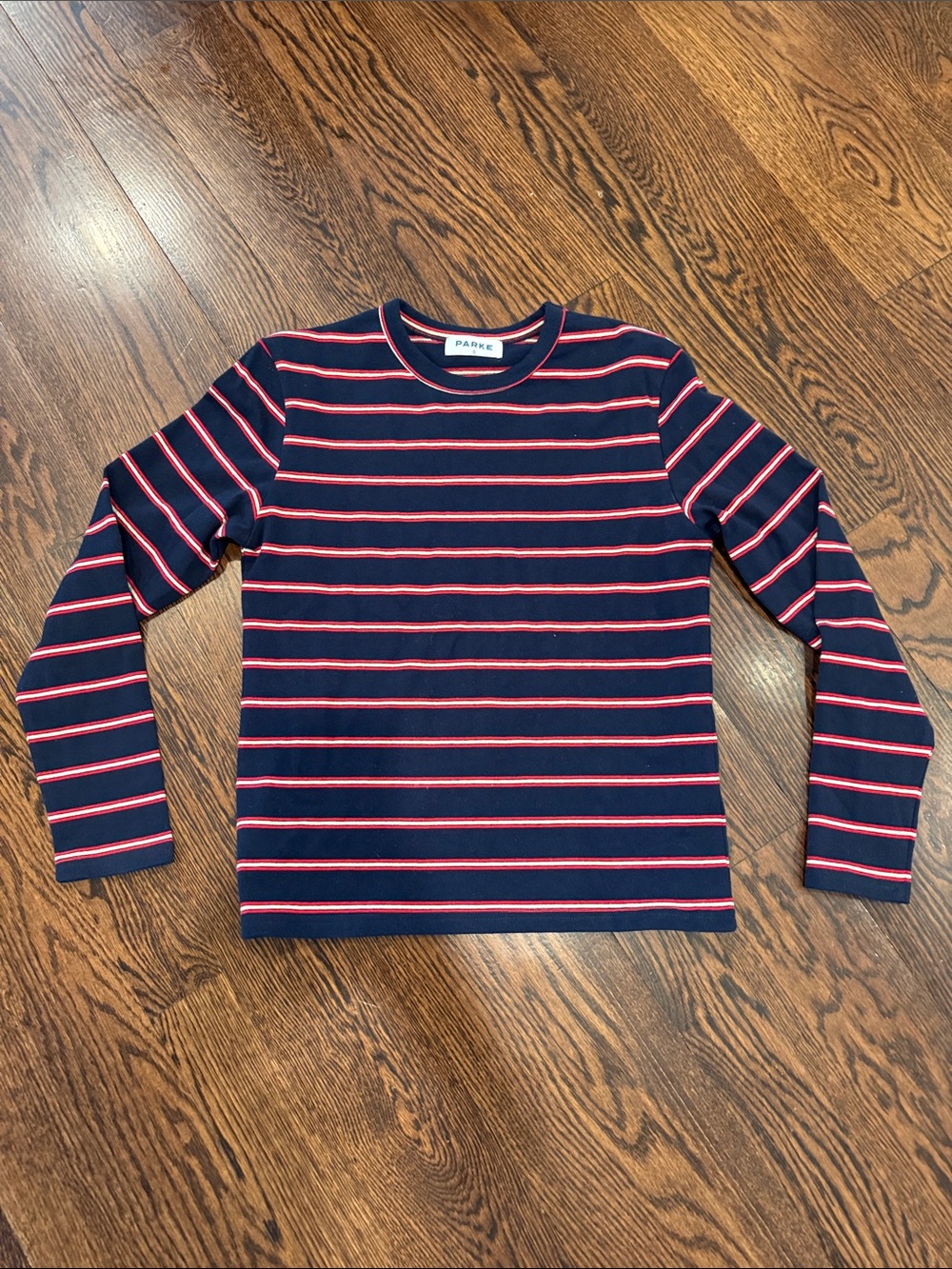 PARKER Long Sleeve Navy and Pink Striped Tee